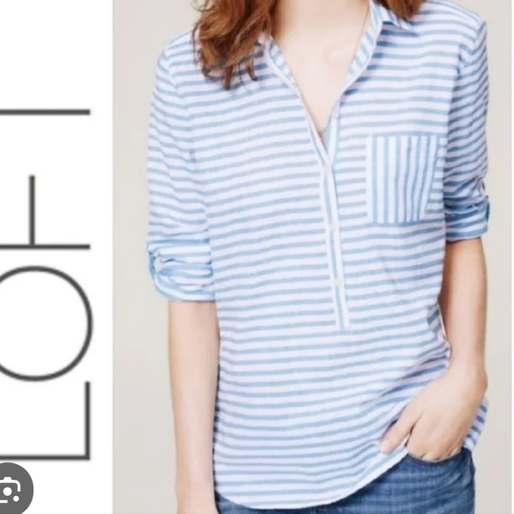 LOFT Softened Blue and White Linen Blend Striped Shirt Size Medium Petite